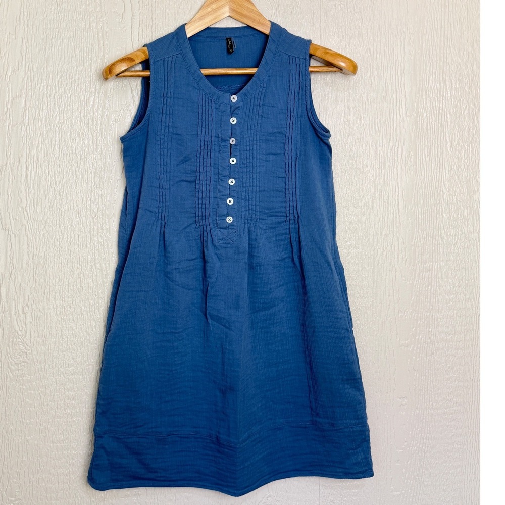 North River Womens Blue Cotton Gauze Sleeveless Pintuck Button Front Dress Small